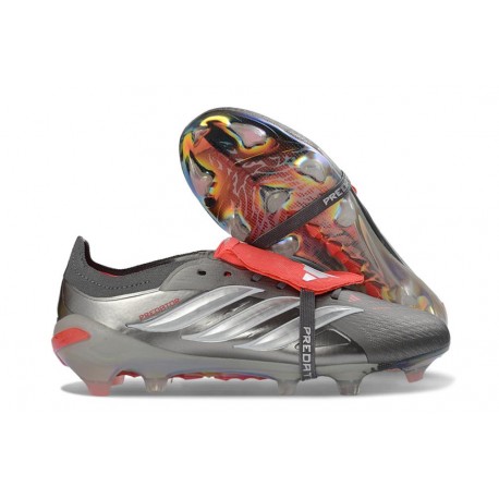 adidas Predator 26 Elite Fold-over Tongue FG Ferro Metallizzato Zero Metallico Rosso Lucido