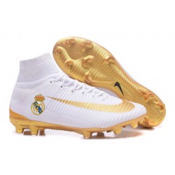Nuovo Nike Mercurial Superfly V FG - scarpe da calcio Real Madrid FC Bianco Oro